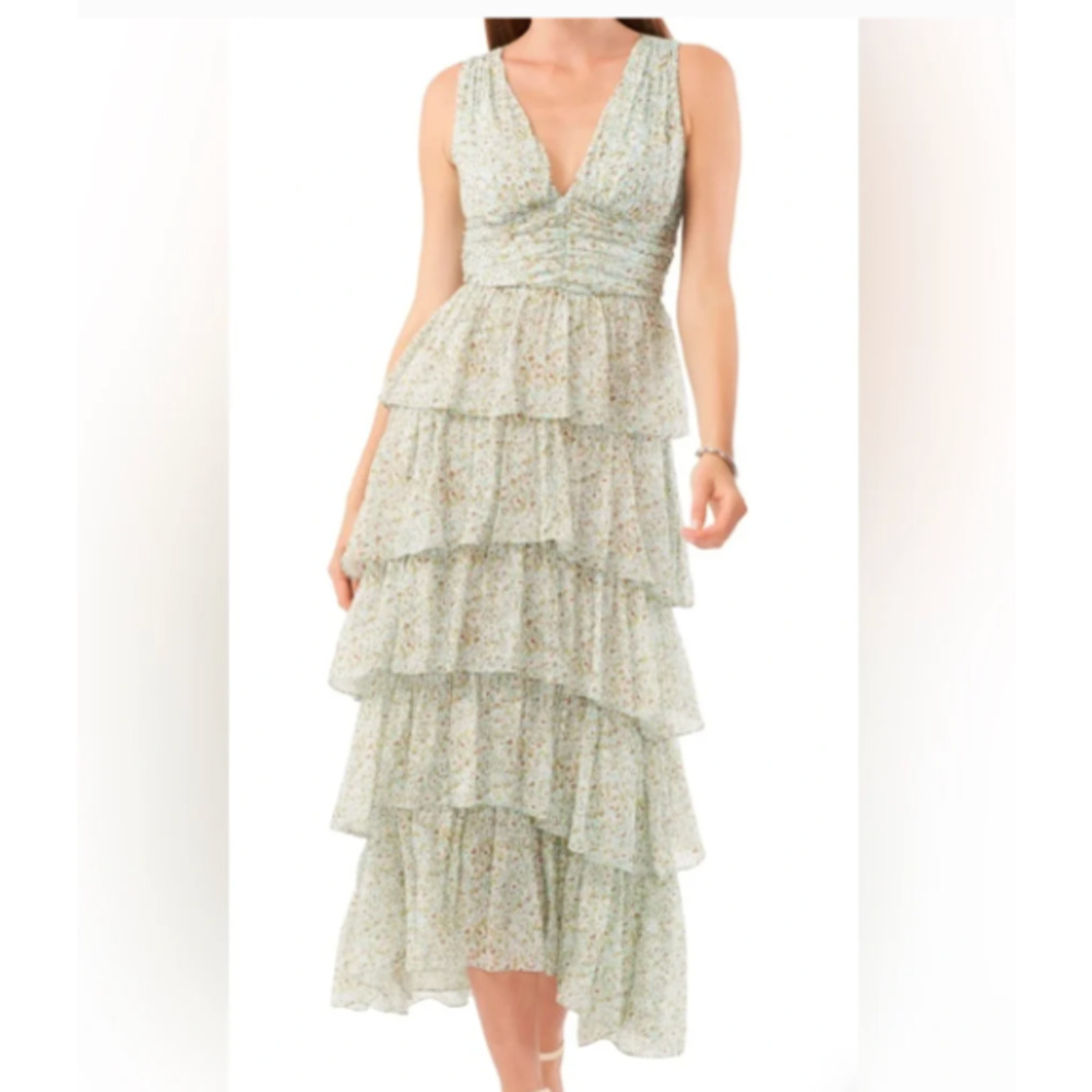 1 State Dress 6 Maxi Aline Floral Green Ruffles Tiered Vneck Sleeveless New